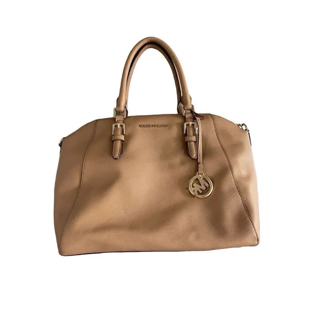 Michael Kors Womens Tan Double Handle Leather Ciara Saffiano Top Zip Satchel